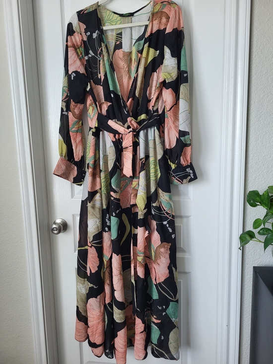 Xtaren Dresses & Skirts - Xtaren Black Chiffon Maxi Dress with Pink & Green Floral Print